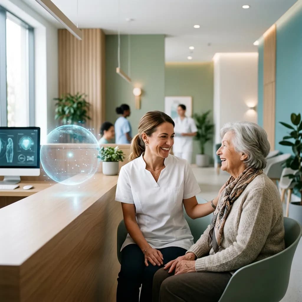 Lächelnde medizinische Fachkraft im Gespräch mit einer älteren Patientin vor einem Tresen mit schwebendem Hologramm. 3